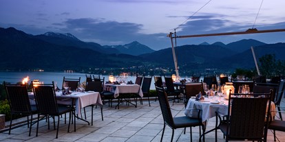 Hotels am See - Abendmenü: 3 bis 5 Gänge - Region Tegernsee - Terrasse Restaurant Senger  - Hotel DAS TEGERNSEE