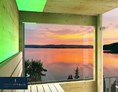 Urlaub am See: Blick von der eigenen privaten Aussen-Sauna auf den Kochelsee. - Seehaus Apartments am Kochelsee